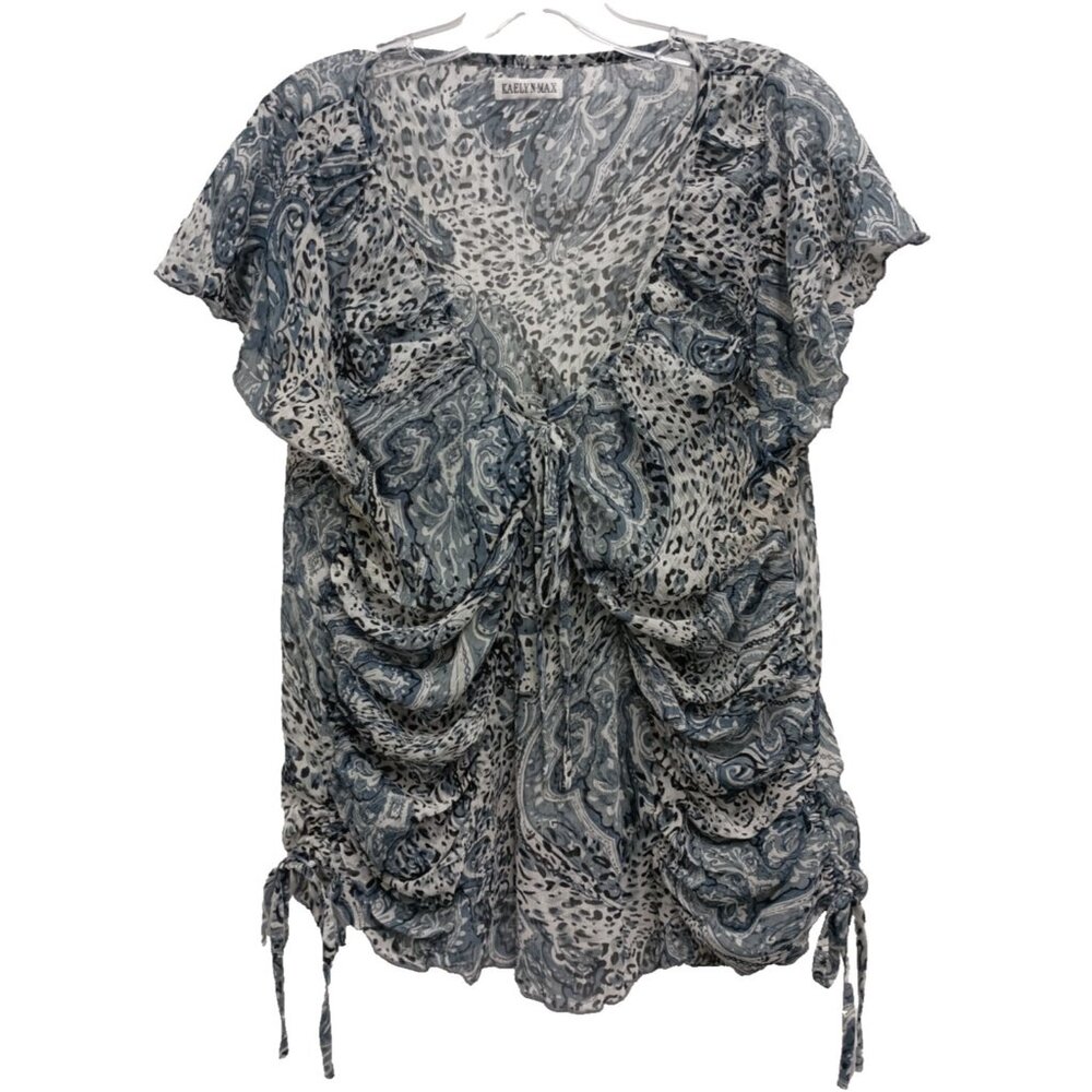 VTG Kaelyn Max Womens Fairy Top Large Gray Paisley Ruched Short Sleeve Whimsical